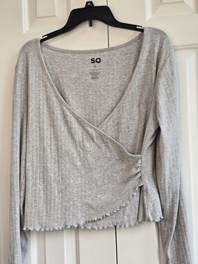 SO Light Gray Ribbed Wrap-Front Long Sleeve Top
